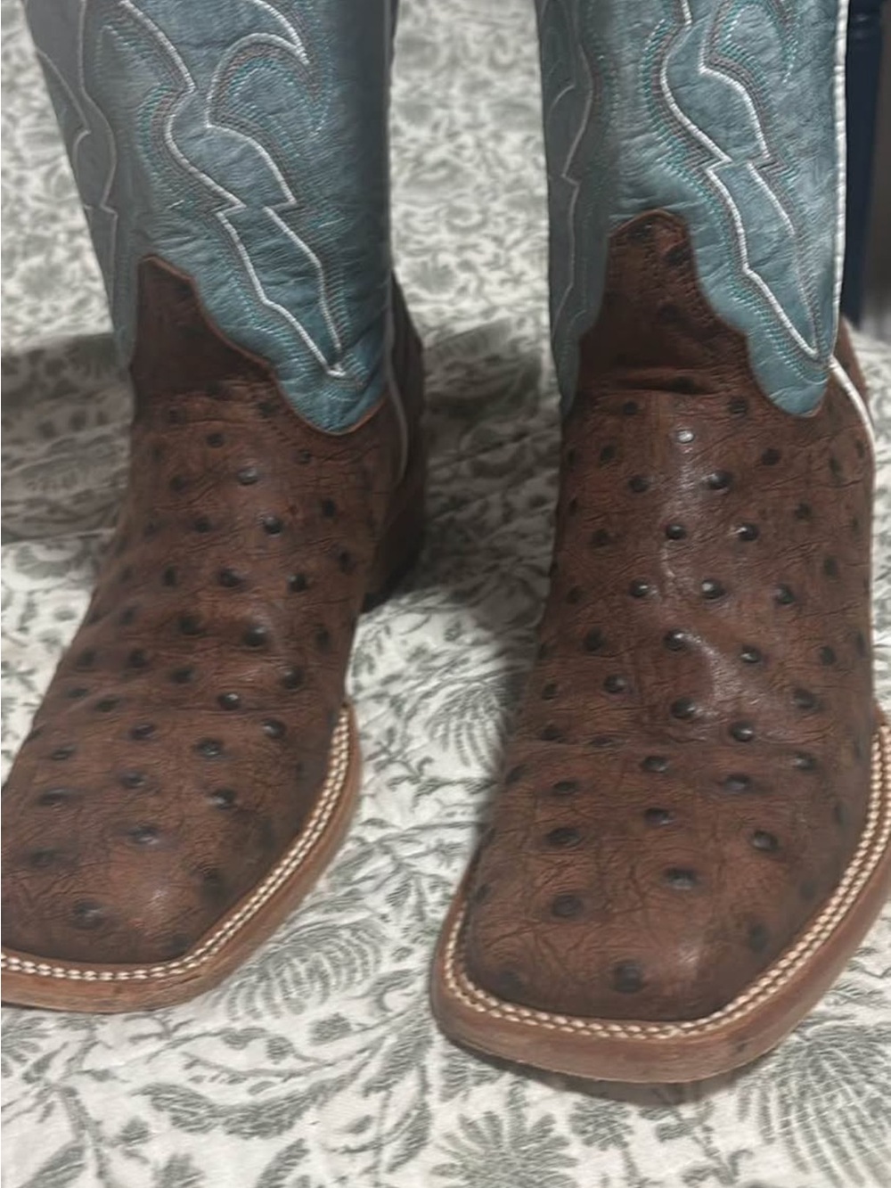 Women’s Brown Ostrich Leather Western Boots with Teal Shaft - Picture 7 of 7